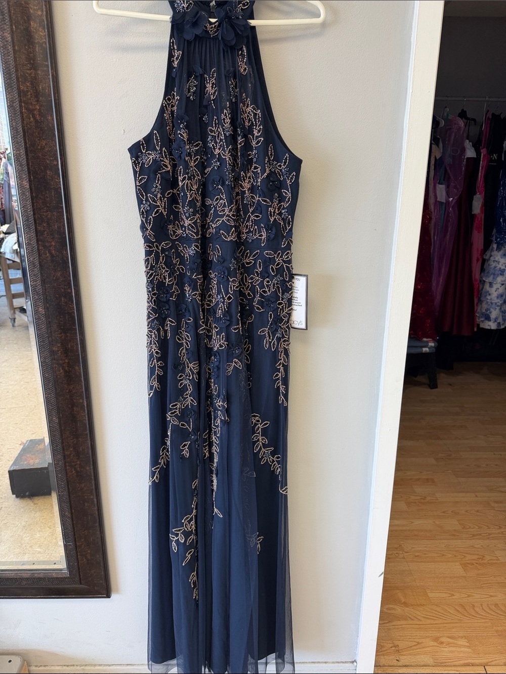 Adrianna Papell Navy Maxi Dress with Gold Embroidery